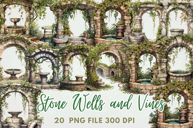 Stone Wells and Vines Clipart Sublimation Regulrcrative 