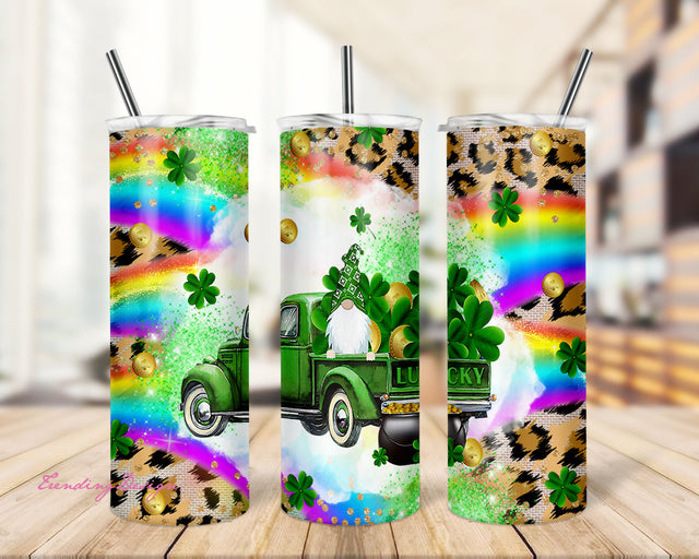 St.Patrick's Day Tumbler Design Luck Shamrock Leopard Rainbow 20oz Skinny Straight Tumbler Wrap Digital Download PNG Sublimation - Flamingo Sublimation TrendingDesign 