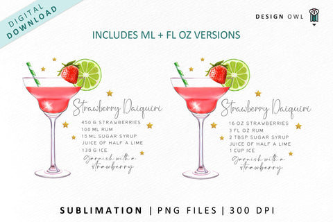 Strawberry Daiquiri cocktail recipe sublimation file Sublimation Design Owl 