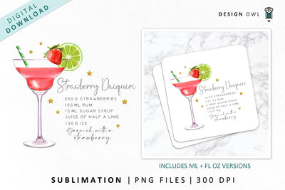 Strawberry Daiquiri cocktail recipe sublimation file Sublimation Design Owl 