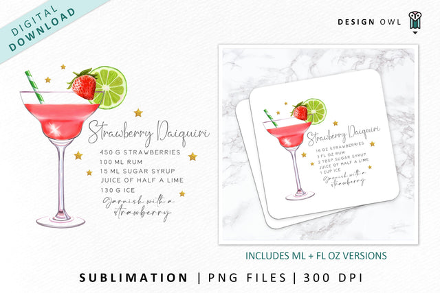 Strawberry Daiquiri cocktail recipe sublimation file Sublimation Design Owl 