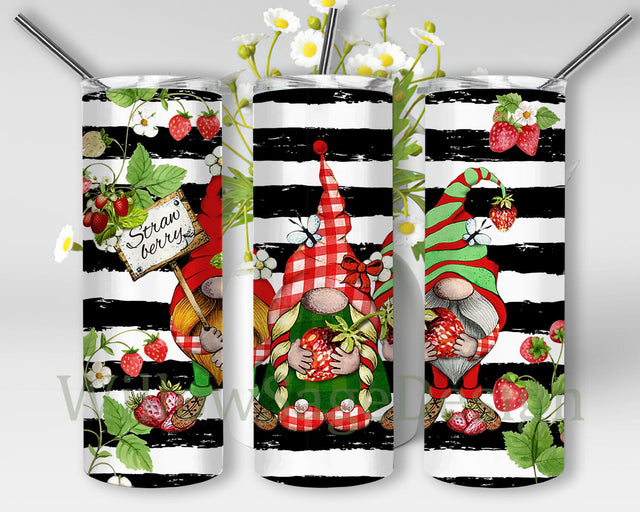 Strawberry Gnome 20oz Skinny Tumbler Png, Black and White Background Tumbler, Strawberry Design, Gnome Png, Summer Tumbler Png Sublimation WillowSageDesign 
