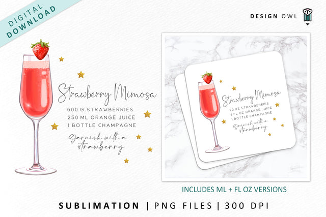 Strawberry Mimosa Cocktail Recipe Sublimation File Sublimation Design Owl 