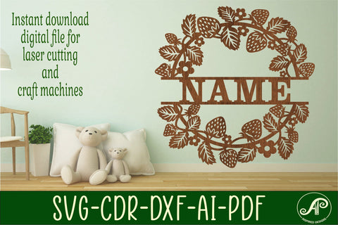 Strawberry wreath Name sign svg laser cut template SVG APInspireddesigns 