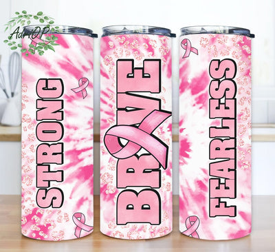 Strong Brave Fearless 20oz Skinny Tumbler Png, Breast Cancer Awareness Pink Ribbon Tumbler, Pink Ribbon Tumbler, Breast Cancer Awareness Tumbler Sublimation AdriOP 