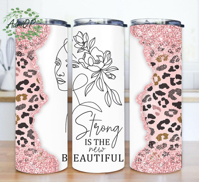 Strong Is The New Beautiful Tumbler Design, Women Face Line Art 20oz Tumbler Png, Pink Leopard Glitter Tumbler Wrap, Gifts For Her, Instant Download Sublimation AdriOP 