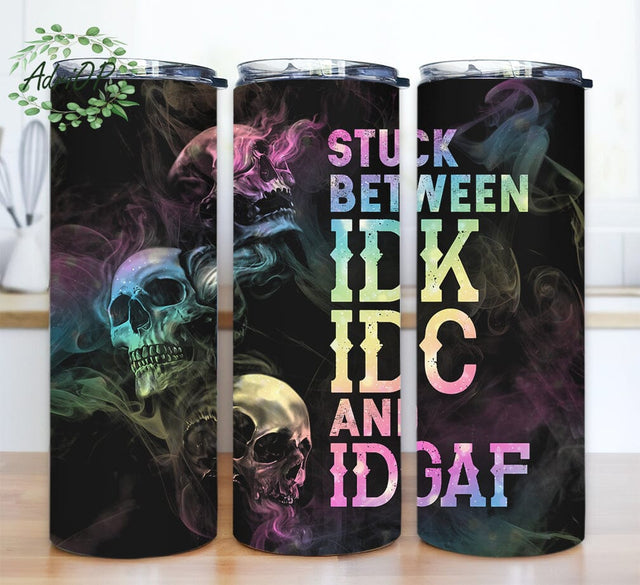 Stuck Between IDK IDC And IDGAF 20oz Tumbler Design Png, Skull Smoke Design, Halloween Skull, Halloween Design, Colorful Hologram Skull Design Sublimation AdriOP 