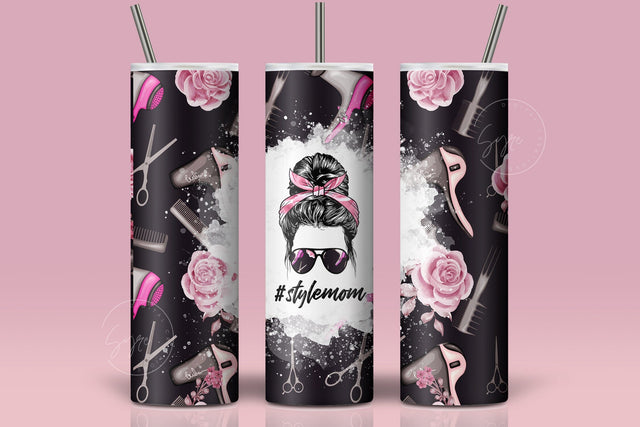 Style MOM, Mom Life Tumbler Wrap PNG, Add Your Own Text, Hair Life Messy Bun Hair Stylist, 20 oz Skinny Seamless Sublimation Designs Sublimation Syre Digital Creations 