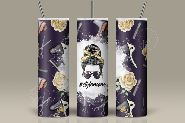 Style MOM, Mom Life Tumbler Wrap PNG, Add Your Own Text, Hair Life Messy Bun Hair Stylist Seamless Sublimation Designs, Skinny 20 oz Sublimation Syre Digital Creations 