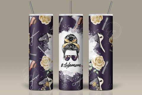 Style MOM, Mom Life Tumbler Wrap PNG, Add Your Own Text, Hair Life Messy Bun Hair Stylist Seamless Sublimation Designs, Skinny 20 oz Sublimation Syre Digital Creations 
