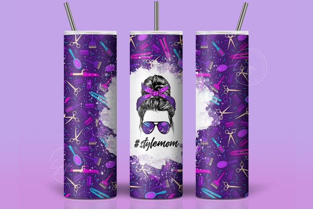 Style MOM, Mom Life Tumbler Wrap PNG, Add Your Own Text, Hair Life Messy Bun Hair Stylist Seamless Sublimation Designs, Skinny 20 oz Sublimation Syre Digital Creations 