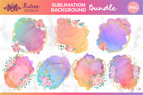 Sublimation Background Bundle Geometric Gold Foil Floral Frames Clipart with Watercolor Brush Stroke Splashes Png Sublimation KatineDesign 