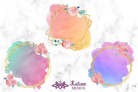 Sublimation Background Bundle Geometric Gold Foil Floral Frames Clipart with Watercolor Brush Stroke Splashes Png Sublimation KatineDesign 