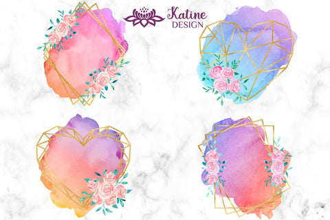 Sublimation Background Bundle Geometric Gold Foil Floral Frames Clipart with Watercolor Brush Stroke Splashes Png Sublimation KatineDesign 