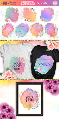 Sublimation Background Bundle Geometric Gold Foil Floral Frames Clipart with Watercolor Brush Stroke Splashes Png Sublimation KatineDesign 