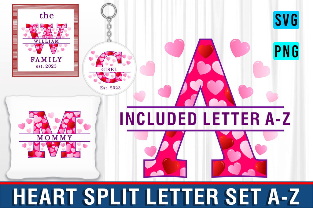Sublimation Hearts Alphabet Monogram Letter SVG Set A-Z, Split Letter ...