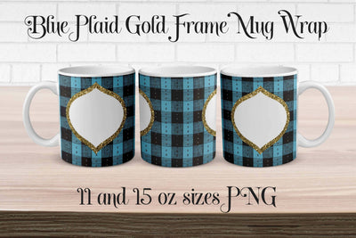Sublimation Mug Wrap Blue Plaid Gold Frame PNG Sublimation Digital Honeybee 