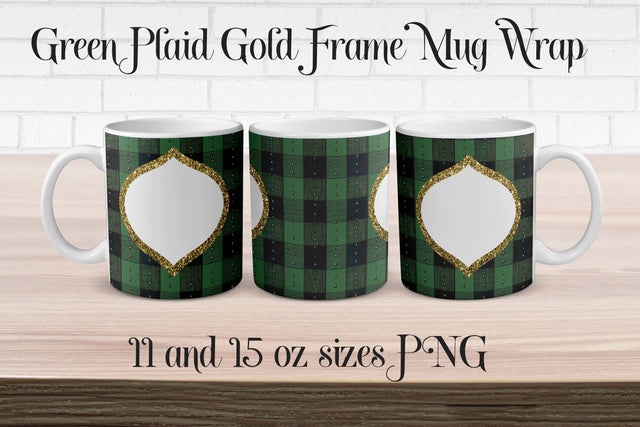 Sublimation Mug Wrap Green Plaid Gold Frame PNG Sublimation Digital Honeybee 