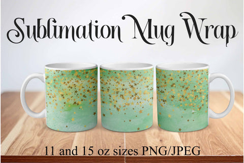 Sublimation Mug Wrap - Green Watercolor with stars Sublimation Digital Honeybee 