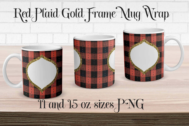 Sublimation Mug Wrap Red Plaid Gold Frame PNG Sublimation Digital Honeybee 
