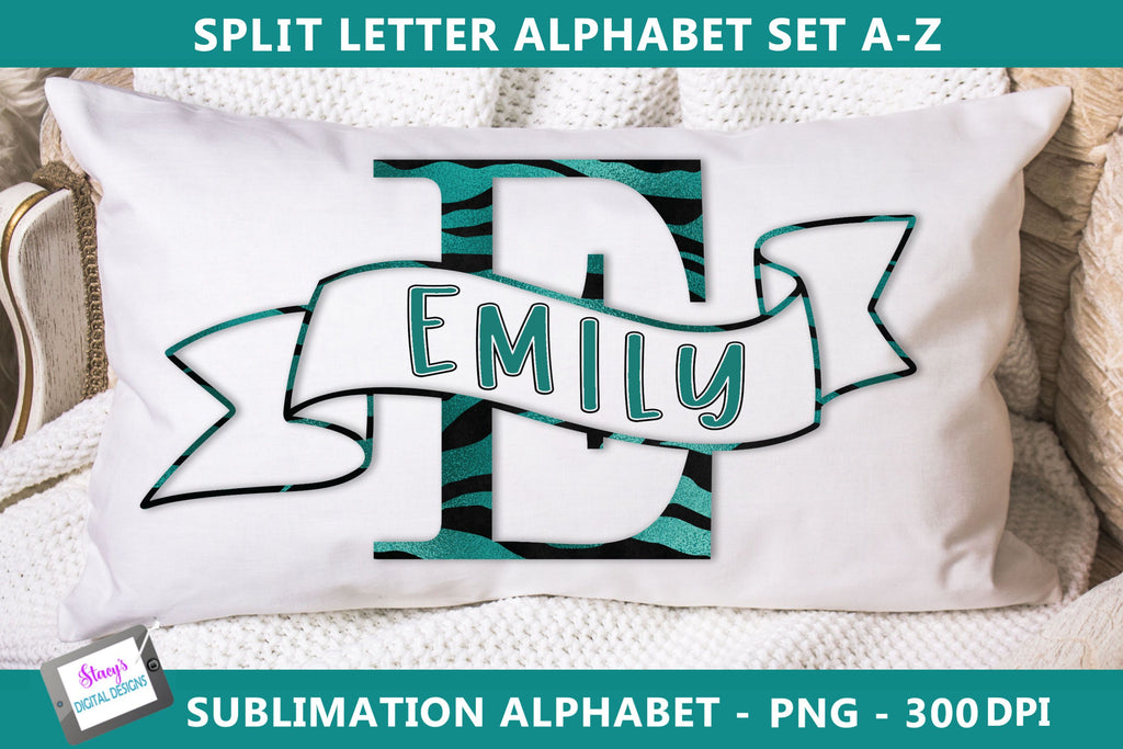 Sublimation Split Letters - Black and teal monogram set A-Z - So Fontsy