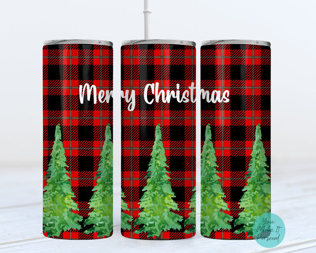 Sublimation Tumbler - Christmas Trees on Plaid Background - Merry Christmas Sublimation You Make It Personal 