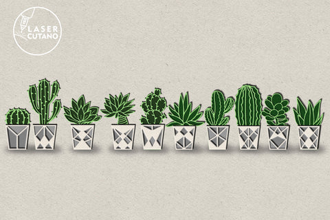 Succulent Bundle Multilayer CACTUS SET OF 10 Multilayer Laser Cut Files, Mandala, Round Sign SVG, 3D Designs, Mini Design Bundles SVG LaserCutano 