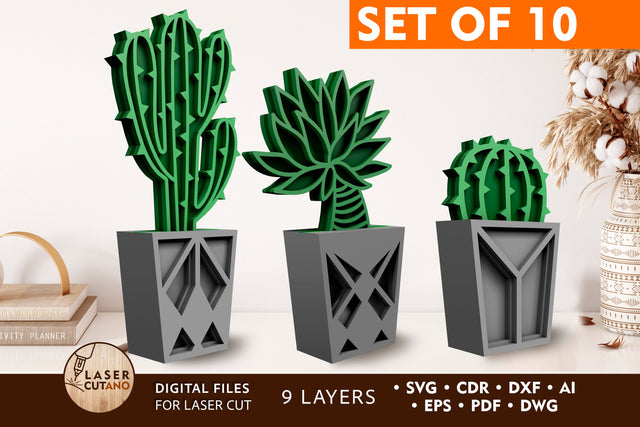 Succulent Bundle Multilayer CACTUS SET OF 10 Multilayer Laser Cut Files, Mandala, Round Sign SVG, 3D Designs, Mini Design Bundles SVG LaserCutano 
