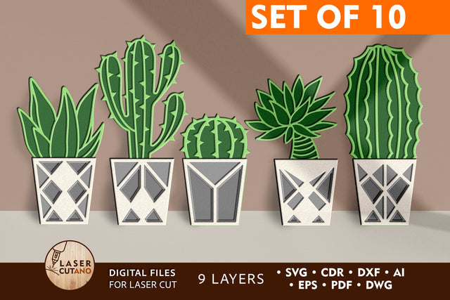 SUCCULENT Home Decor SVG, Flower, Multilayer Laser Cut Files, 3D Designs, Mini Design Bundles SVG LaserCutano 