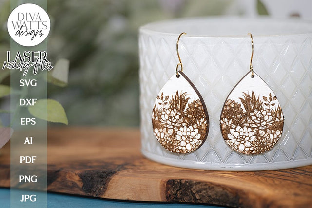 Succulents Earrings SVG | Tear Drop Laser Earrings | Botanical Dangle Earrings SVG Diva Watts Designs 