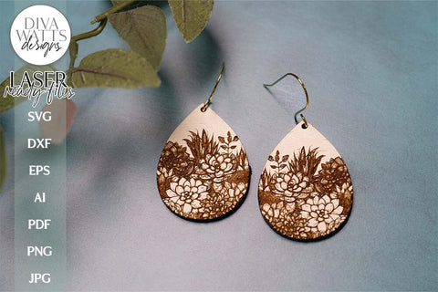 Succulents Earrings SVG | Tear Drop Laser Earrings | Botanical Dangle Earrings SVG Diva Watts Designs 