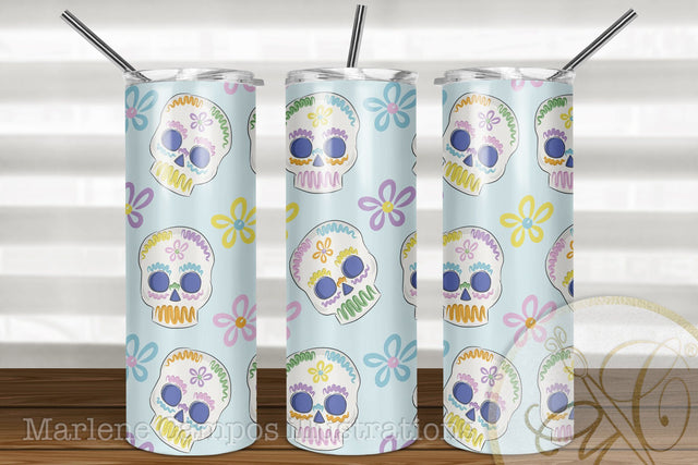 Sugar Skull 20oz Skinny Tumbler Sublimation Pattern, Day of the Dead /Blue Sublimation Marlene Campos 