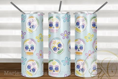 Sugar Skull 20oz Skinny Tumbler Sublimation Pattern, Day of the Dead /Blue Sublimation Marlene Campos 