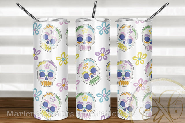 Sugar Skull 20oz Skinny Tumbler Sublimation Pattern, Day of the Dead / Flowers Sublimation Marlene Campos 