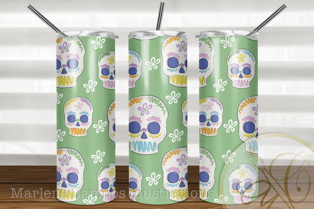 Sugar Skull 20oz Skinny Tumbler Sublimation Pattern, Day of the Dead /Green SVG Marlene Campos 