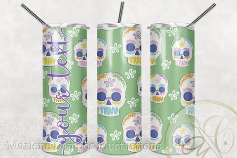 Sugar Skull 20oz Skinny Tumbler Sublimation Pattern, Day of the Dead /Green SVG Marlene Campos 
