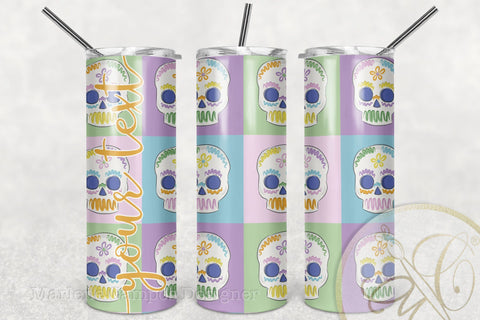 Sugar Skull 20oz Skinny Tumbler Sublimation Pattern, Day of the Dead /Squares Sublimation Marlene Campos 