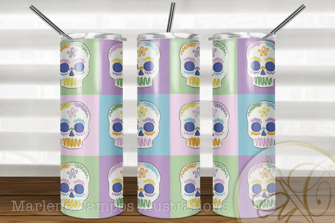 Sugar Skull 20oz Skinny Tumbler Sublimation Pattern, Day of the Dead /Squares Sublimation Marlene Campos 