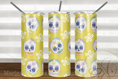 Sugar Skull 20oz Skinny Tumbler Sublimation Pattern, Day of the Dead /Yellow and Flowers Sublimation Marlene Campos 