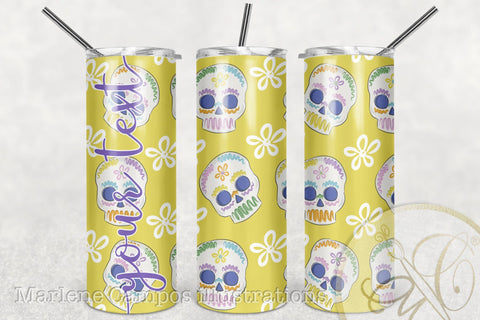 Sugar Skull 20oz Skinny Tumbler Sublimation Pattern, Day of the Dead /Yellow and Flowers Sublimation Marlene Campos 
