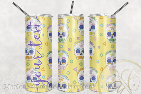Sugar Skull 20oz Skinny Tumbler Sublimation Pattern, Day of the Dead /Yellow Sublimation Marlene Campos 