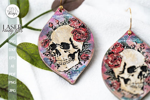 Sugar Skull And Flowers Earrings SVG | Tear Drop Laser Earrings | Dangle Earrings SVG Diva Watts Designs 