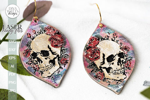 Sugar Skull And Flowers Earrings SVG | Tear Drop Laser Earrings | Dangle Earrings SVG Diva Watts Designs 