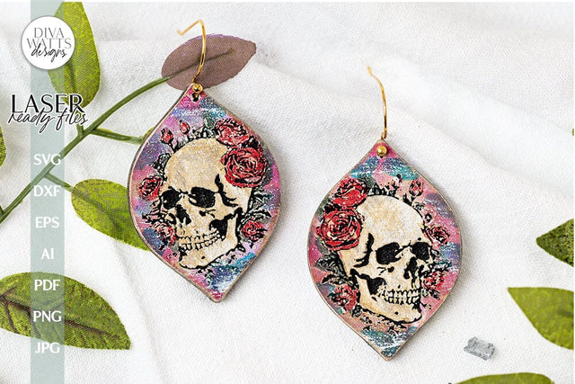 Sugar Skull And Flowers Earrings SVG | Tear Drop Laser Earrings | Dangle Earrings SVG Diva Watts Designs 