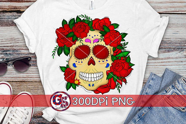 Sugar Skull and Roses PNG File for Sublimation-Día de los Muertos PNG Sublimation Greedy Stitches 