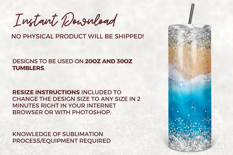Summer 20 Oz skinny tumbler Beach Glitter Tumbler sublimation design wrap tapered & straight template digital download - PNG Sublimation TumblersByPhill 