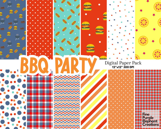 Summer BBQ Party Digital Paper | Picnic Scrapbook Paper Digital Pattern Fine Purple Elephant Creations 
