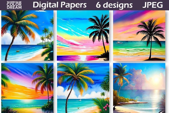 Summer Beach Background | Beach Sunset Background Digital Pattern WatercolorColorDream 
