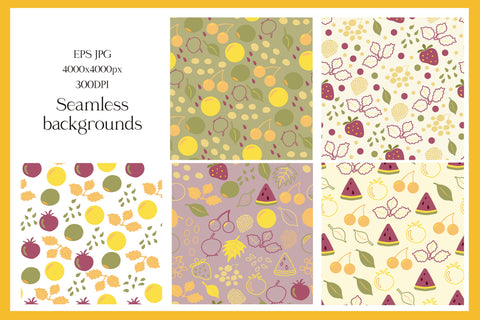 Summer berries and leaves seamless patterns - papers Digital Pattern LuckyTurtleArt 