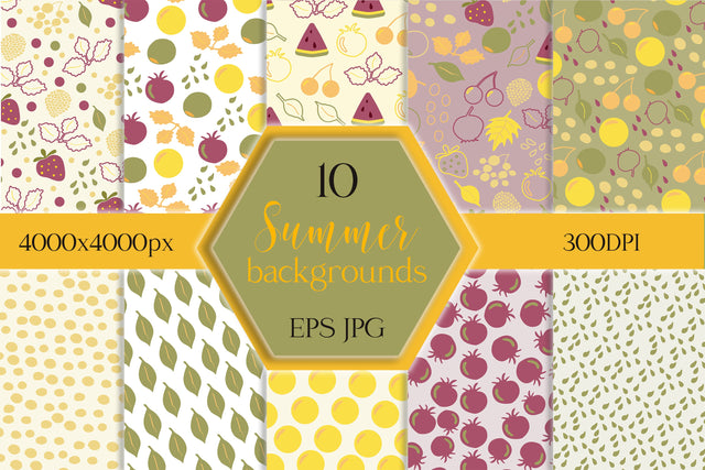 Summer berries and leaves seamless patterns - papers Digital Pattern LuckyTurtleArt 